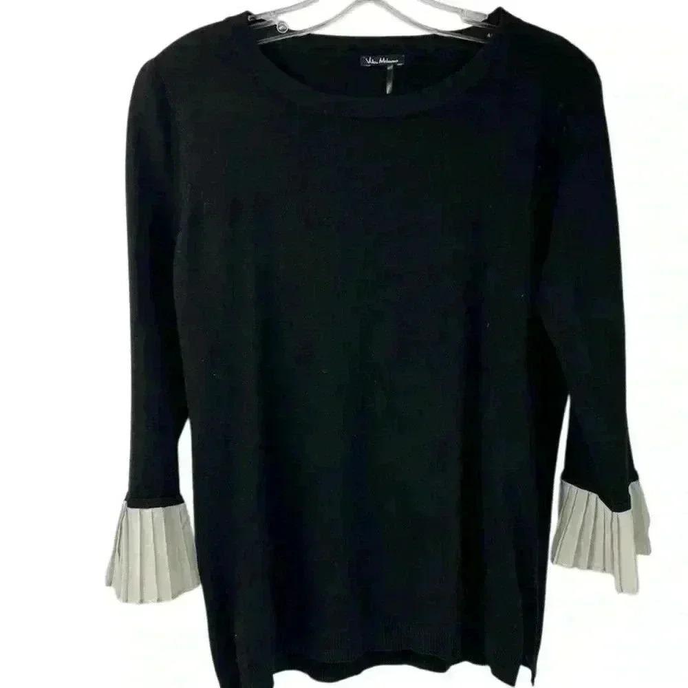 Vila Milano Women's Black Knit Top Pleated‎ Chiffon Cuffs Size L